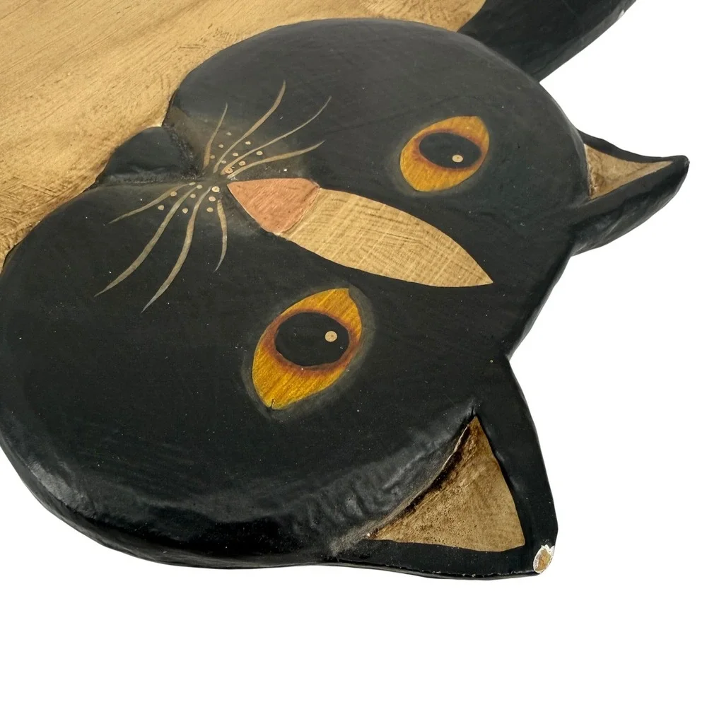 Vintage‎ Hand Carved Painted Wooden Cat Wall Hook Rack Folk Art Black Tan